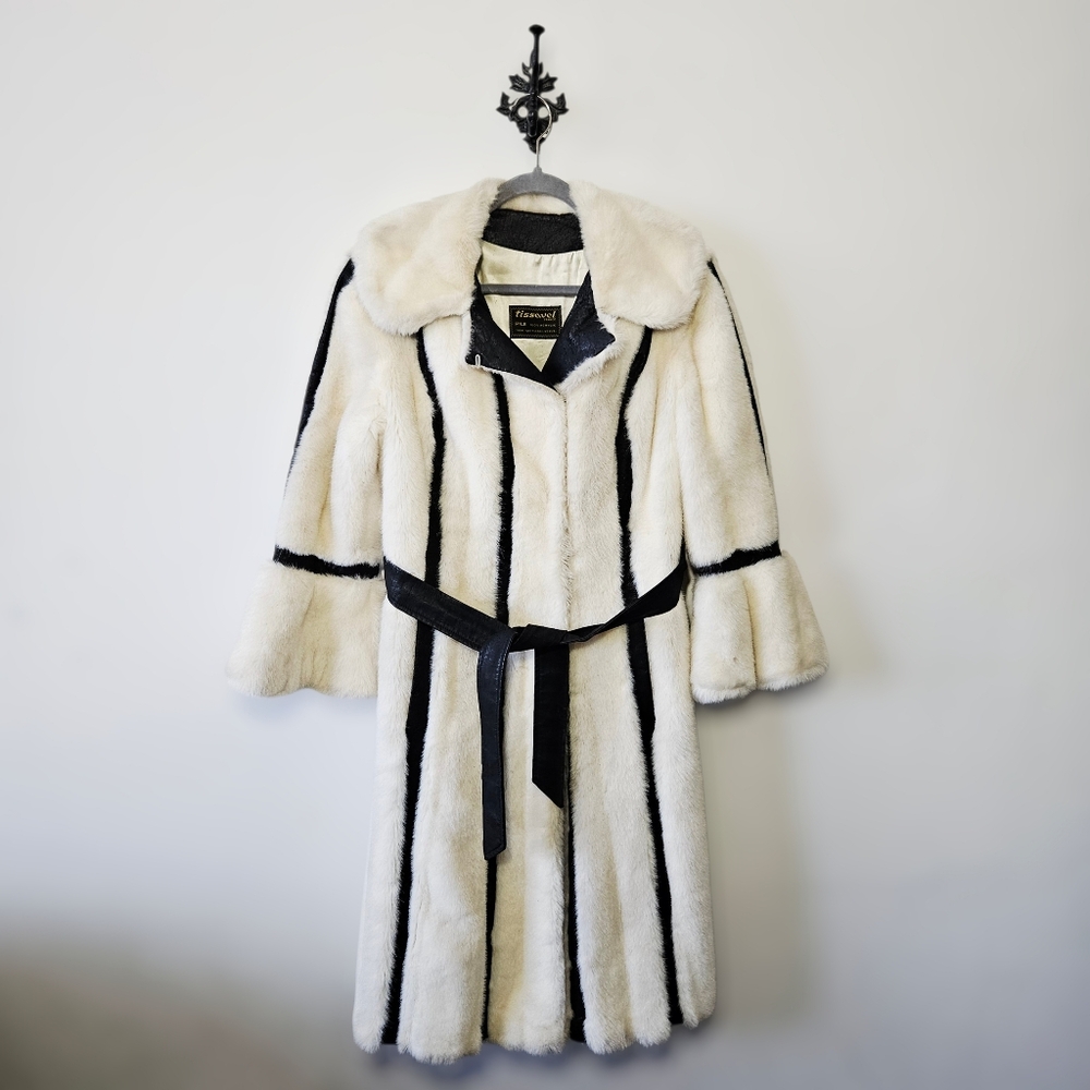 Vintage Faux Fur Leather Striped Coat Size S Tissavel of France